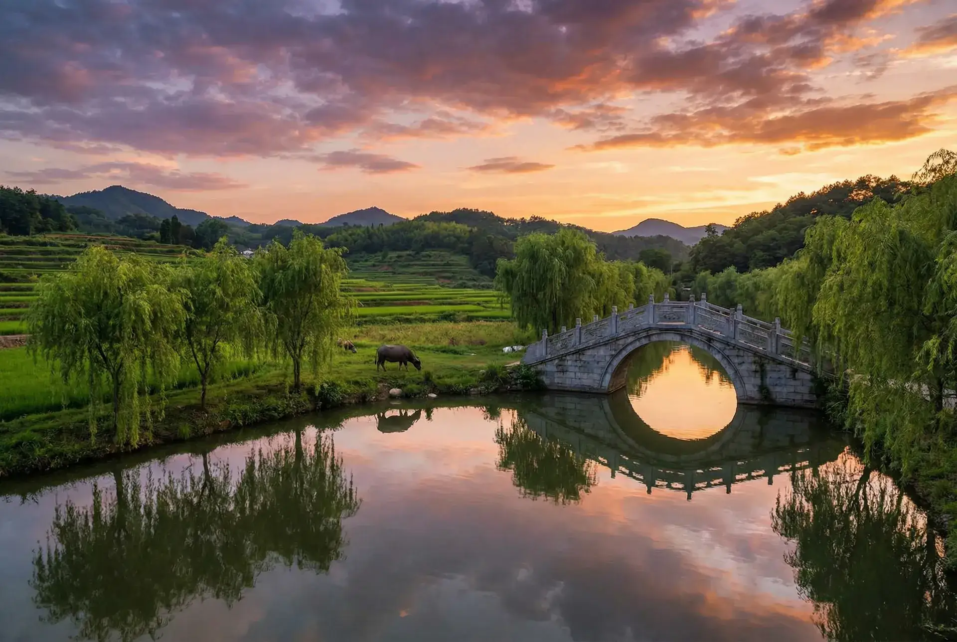 夕阳下的石拱桥与垂柳，水牛在河边吃草 - 深夜释放你自己草莓视频 乡村美景